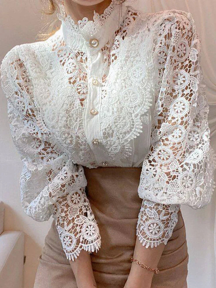Women's Fudus Hollow Lace Button-Up Blouse