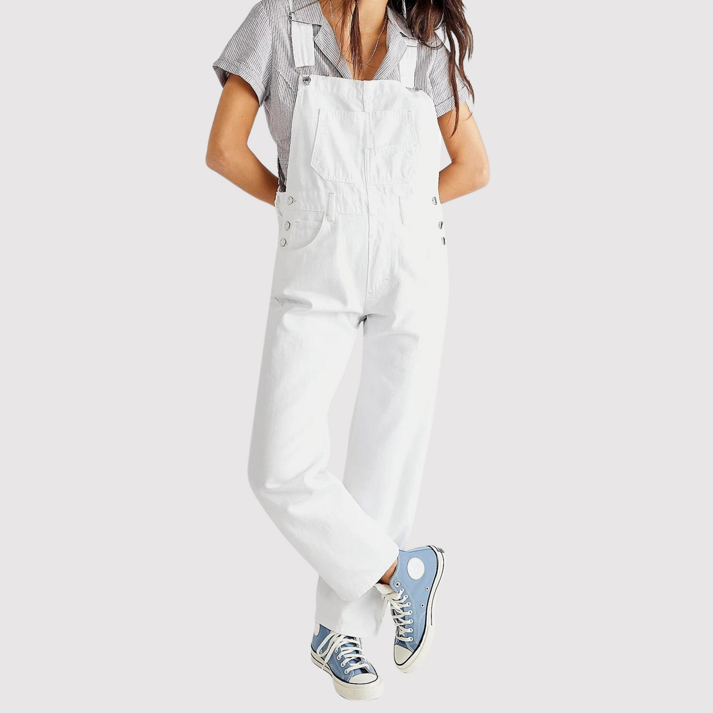 Weite, bodenlange Denim-Hose im Overall-Stil, Modell Constance