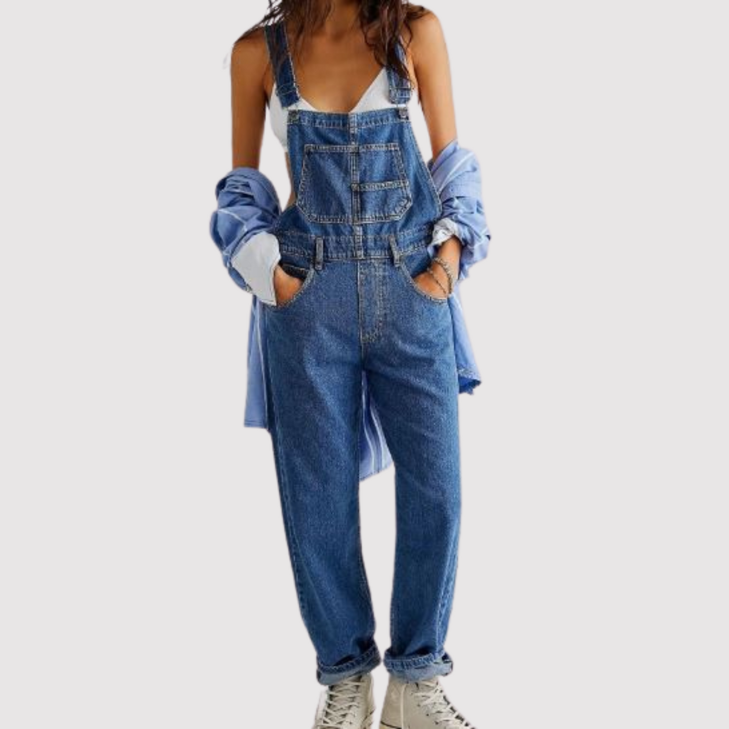 Weite, bodenlange Denim-Hose im Overall-Stil, Modell Constance