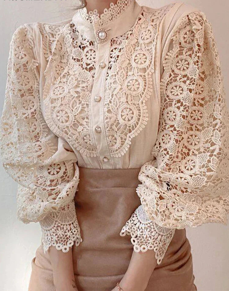Women's Fudus Hollow Lace Button-Up Blouse