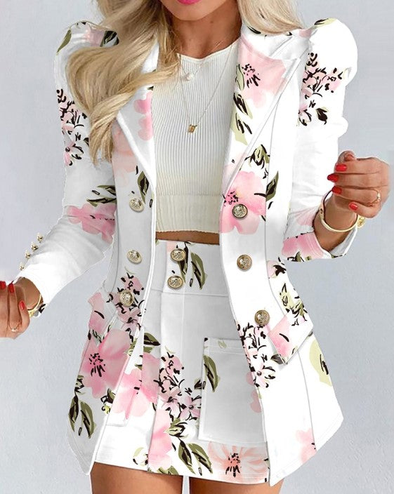 Blazer mit Blumenmuster und Puffärmeln, zweireihig