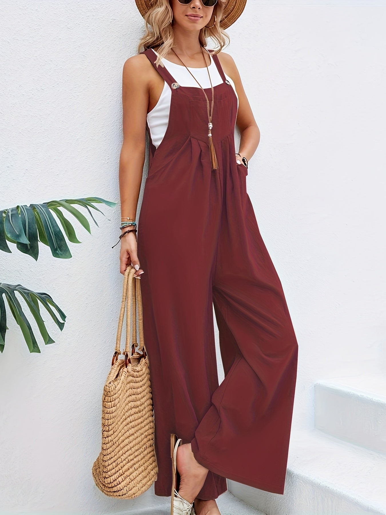 Ärmelloser Boho Leinen-Jumpsuit für Damen