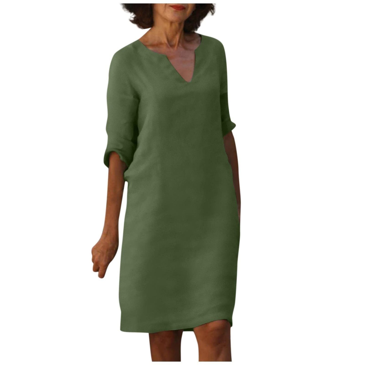 Baumwolle-Leinen Kleid mit V-Ausschnitt, Retro-Stil, hoch tailliert, einfarbig, Sommer-Nähkleid von Fudus