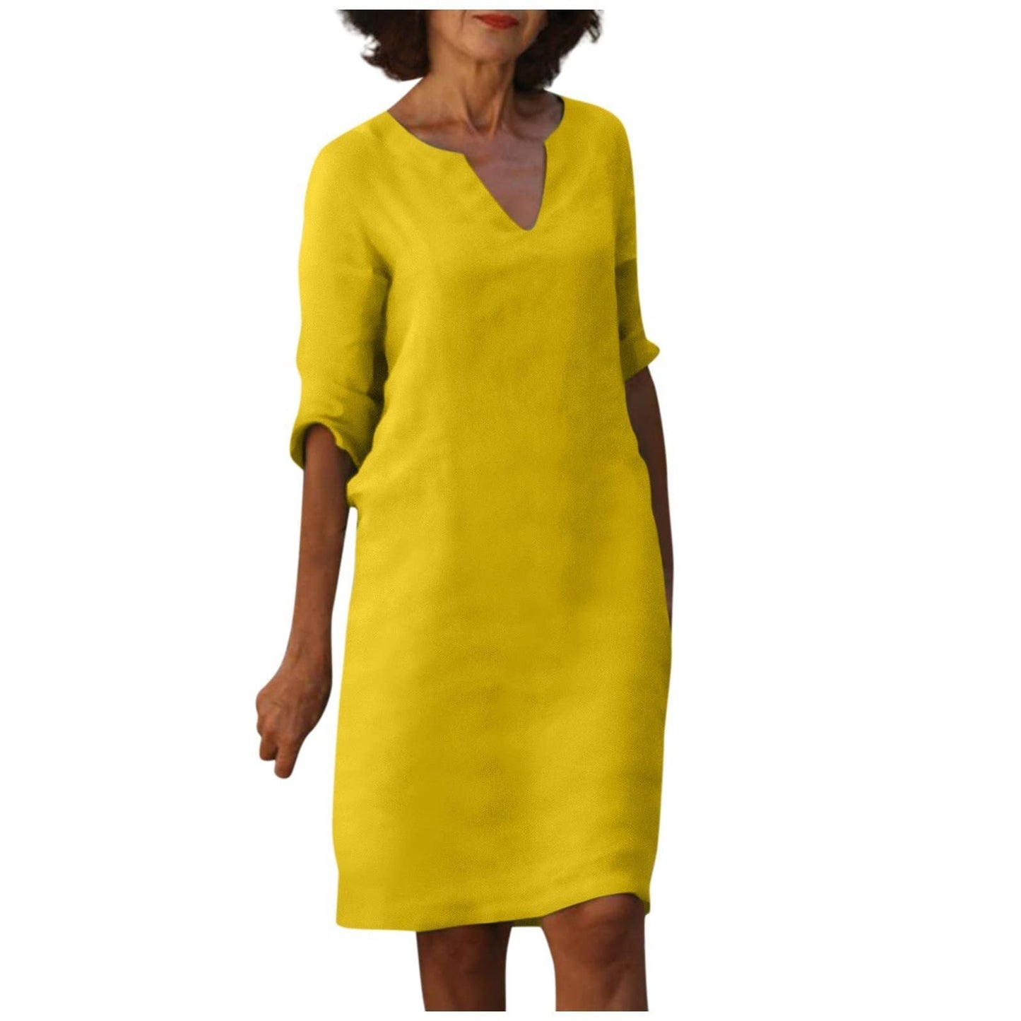 Baumwolle-Leinen Kleid mit V-Ausschnitt, Retro-Stil, hoch tailliert, einfarbig, Sommer-Nähkleid von Fudus