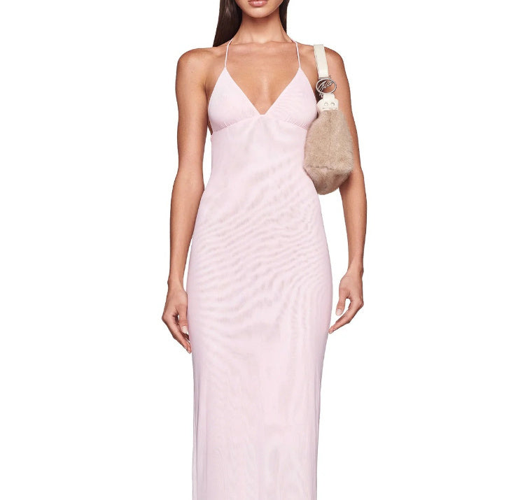 Fudus Blumenmuster-Halterkleid mit Spaghettiträgern, figurbetonter Passform und Schmetterlingsrücken