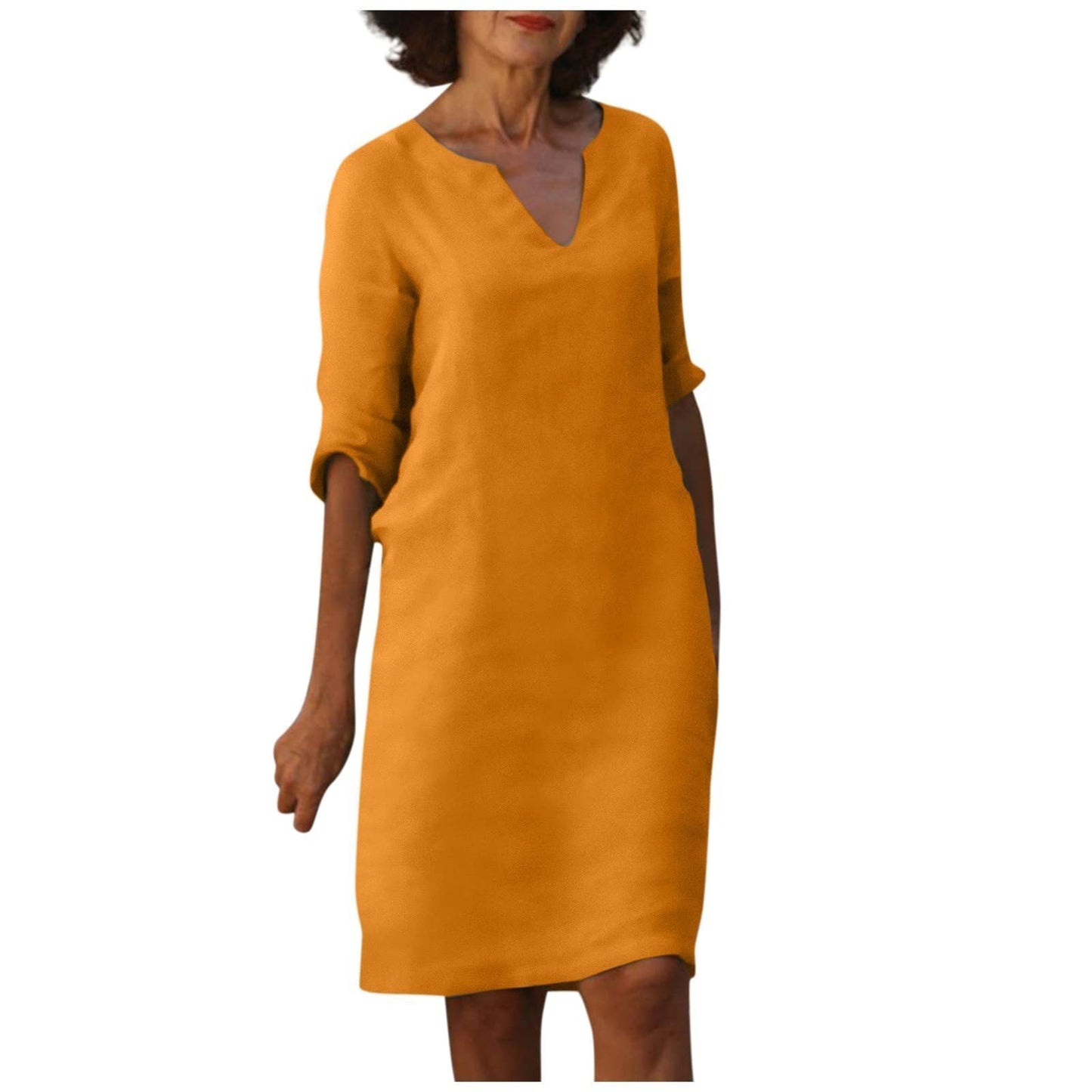 Baumwolle-Leinen Kleid mit V-Ausschnitt, Retro-Stil, hoch tailliert, einfarbig, Sommer-Nähkleid von Fudus