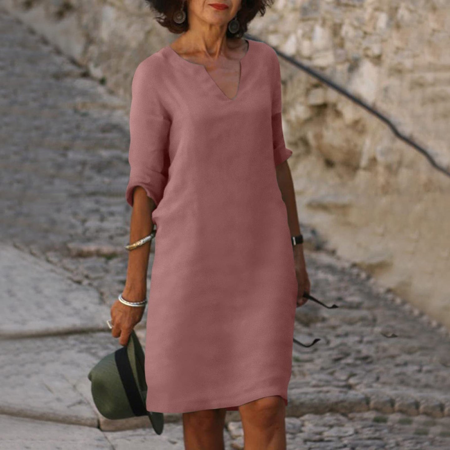 Baumwolle-Leinen Kleid mit V-Ausschnitt, Retro-Stil, hoch tailliert, einfarbig, Sommer-Nähkleid von Fudus