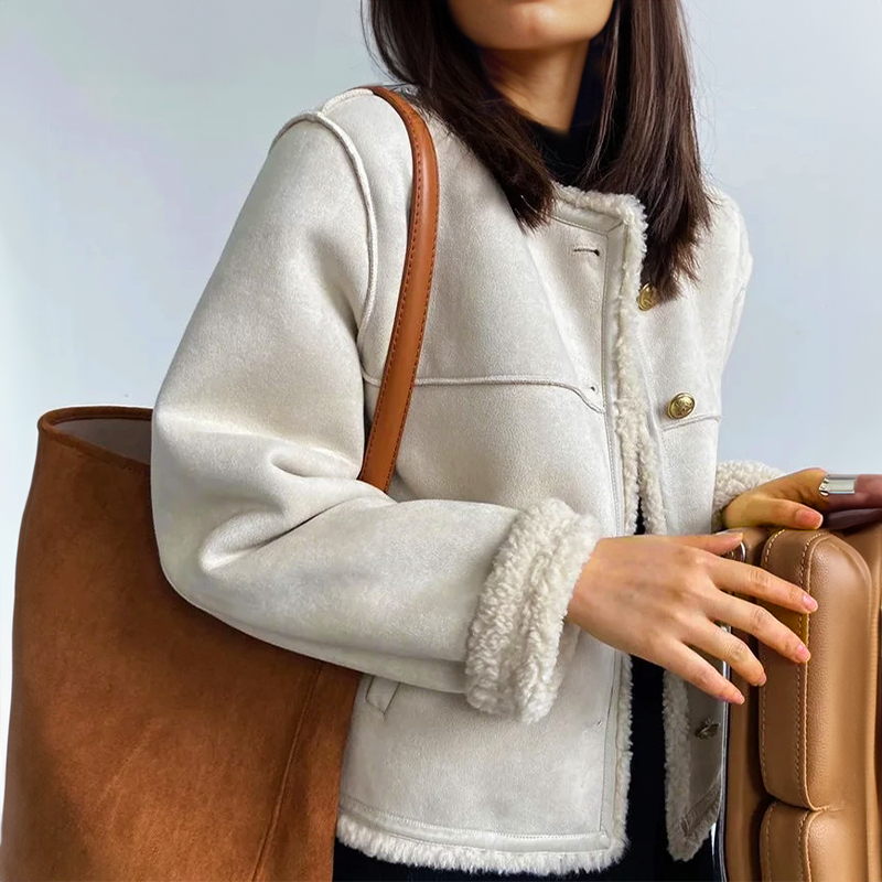 Damen Vintage-Wildlederjacke – Shearling-Futter mit Knopfverschluss