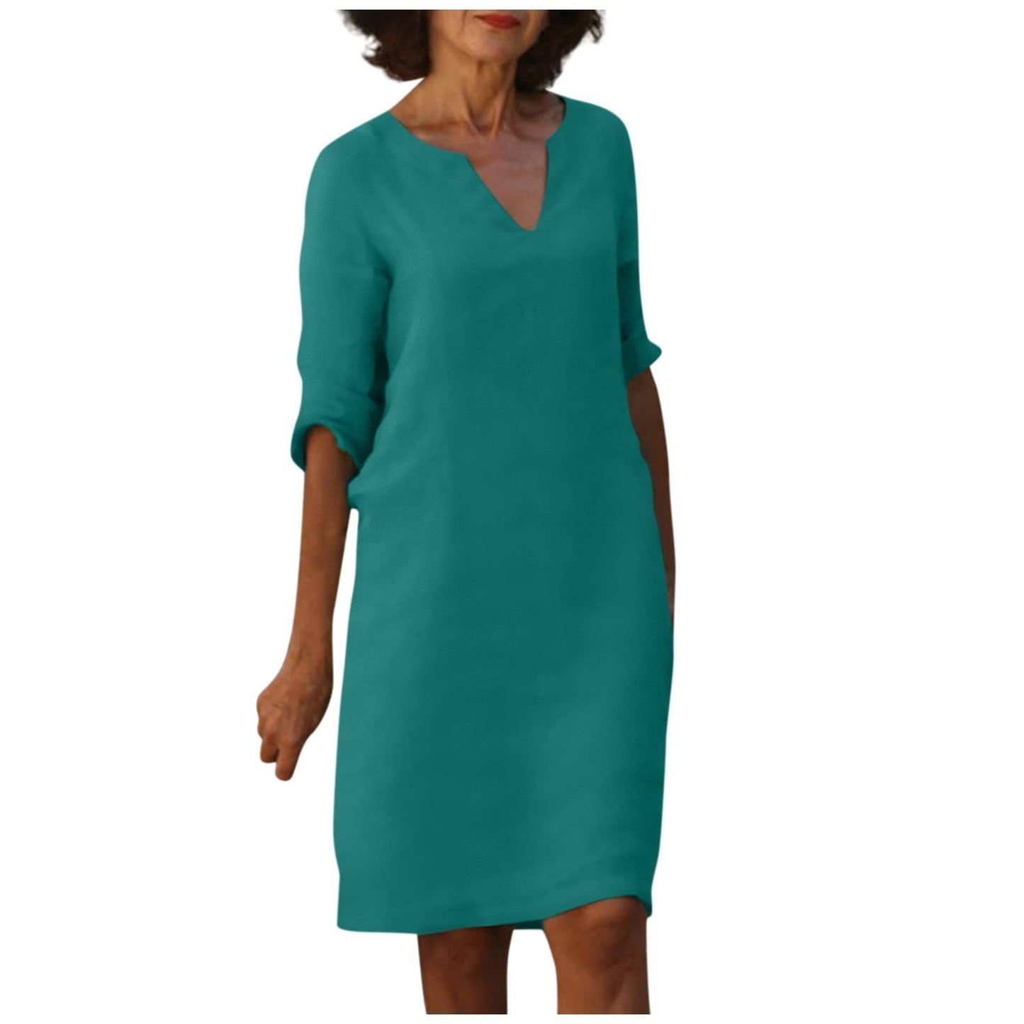 Baumwolle-Leinen Kleid mit V-Ausschnitt, Retro-Stil, hoch tailliert, einfarbig, Sommer-Nähkleid von Fudus