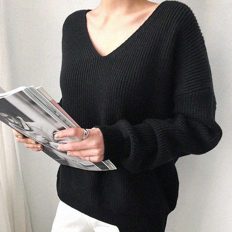 Damen Strick-Pullover mit V-Ausschnitt – Rippstrick-Design