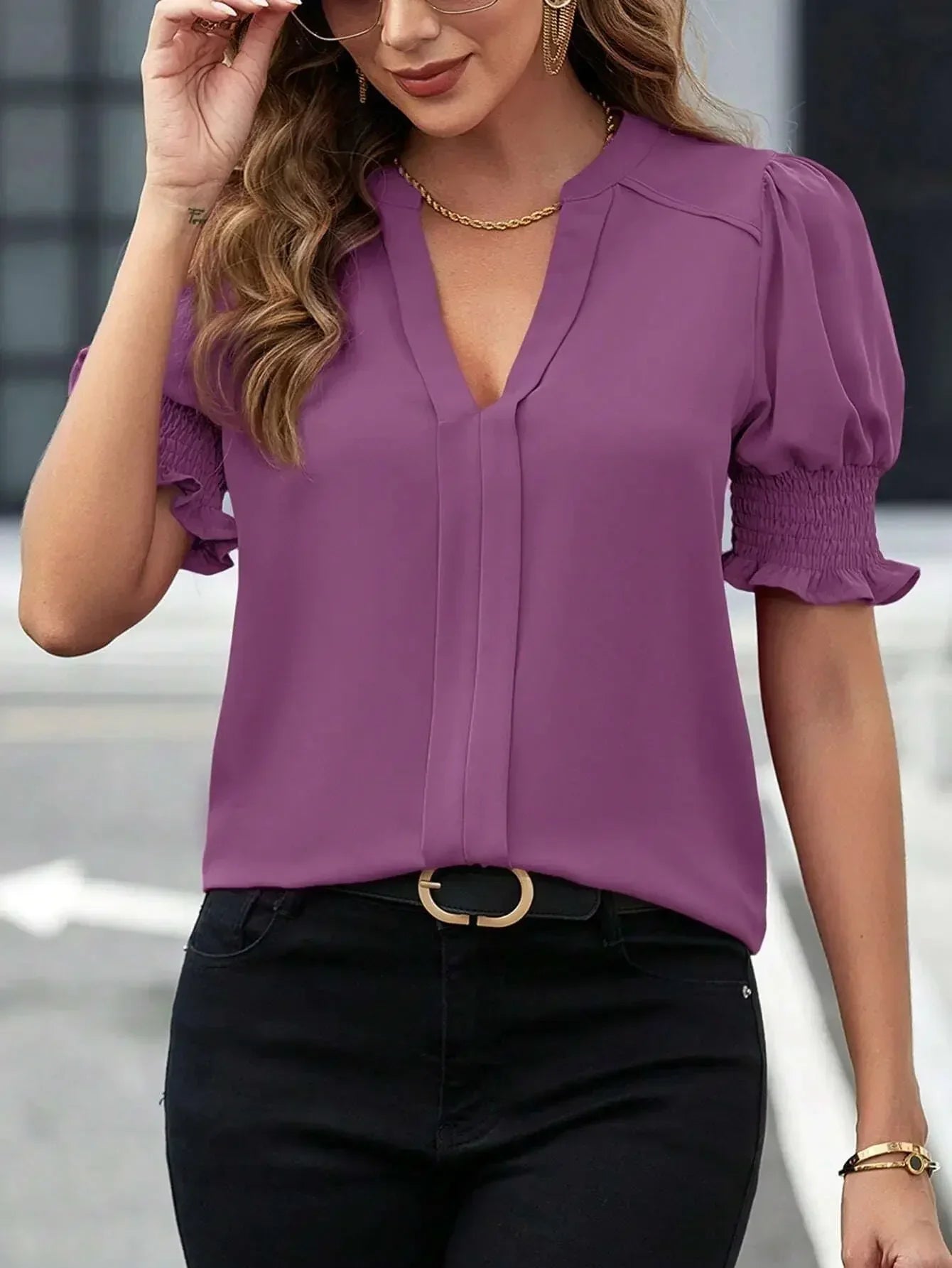 Stylish Designer Blouse with Puff Sleeves and V-Neck