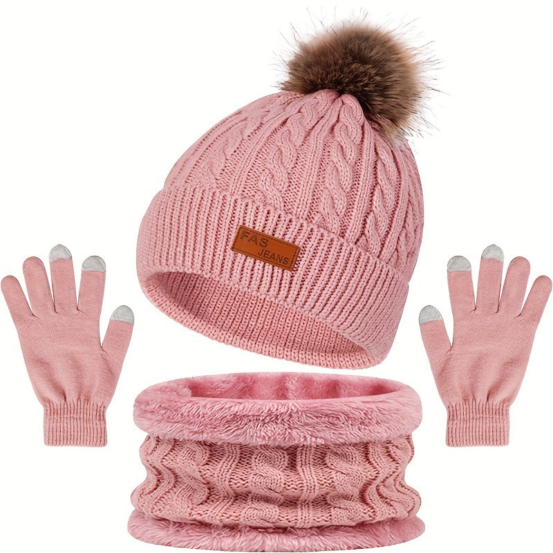 Damen 3-teiliges Winter Set - Zopfmuster Schal, Mütze & Touchscreen-Handschuhe