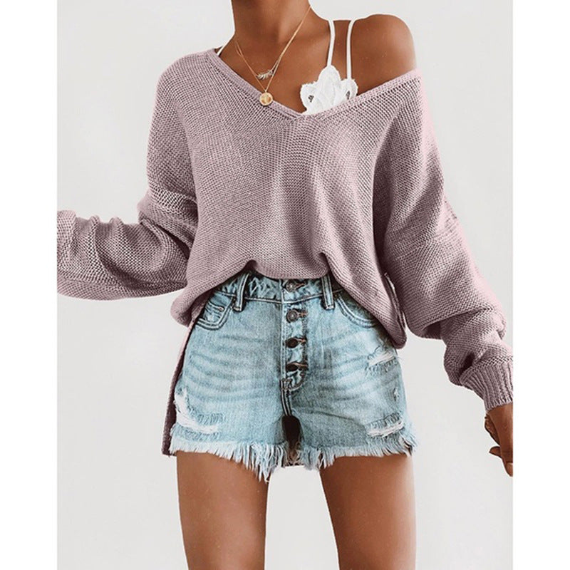 Damen lässiger Pullover mit tiefem V-Ausschnitt und überschnittenen Ärmeln Stilzeits