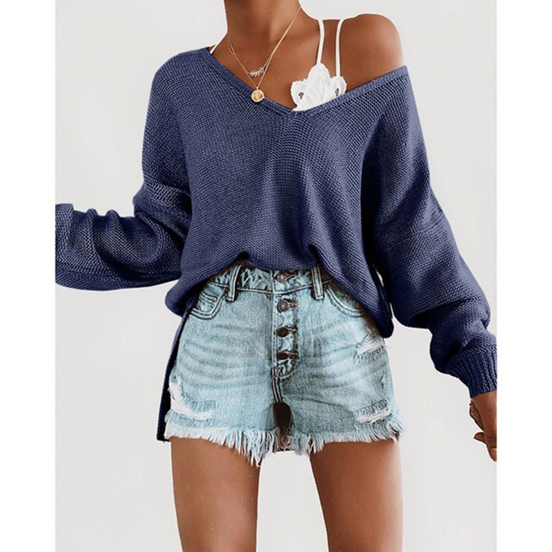 Damen lässiger Pullover mit tiefem V-Ausschnitt und überschnittenen Ärmeln Stilzeits