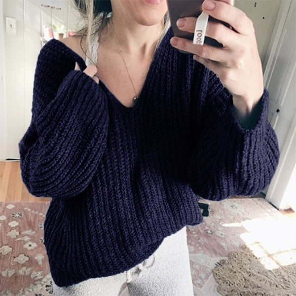 Damen Grobstrickpullover mit lässigem V-Ausschnitt und weiten Ärmeln Stilzeits