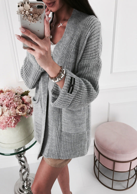 Damen Grobstrick Cardigan mit modischen Details und Taschen Stilzeits