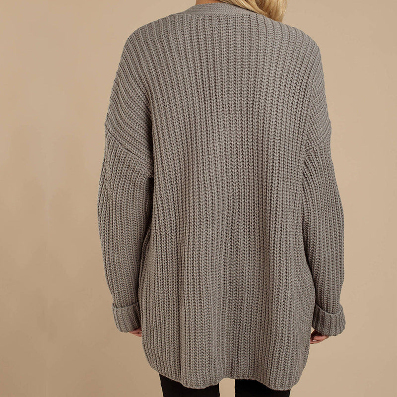 Damen Grob gestrickte Kuscheljacke mit tiefem V-Ausschnitt und lässigem Schnitt Stilzeits