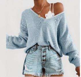 Damen lässiger Pullover mit tiefem V-Ausschnitt und überschnittenen Ärmeln Stilzeits