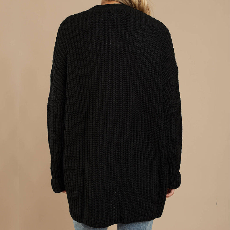 Damen Grob gestrickte Kuscheljacke mit tiefem V-Ausschnitt und lässigem Schnitt Stilzeits