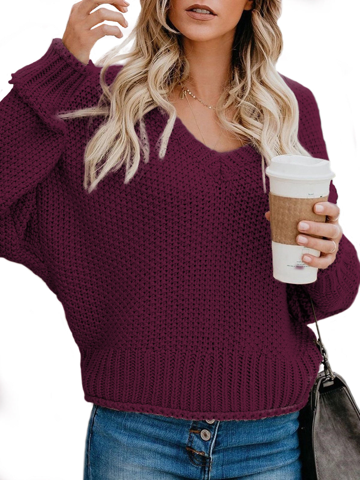 Damen Grobstrickpullover mit V-Ausschnitt und lässiger Passform Stilzeits