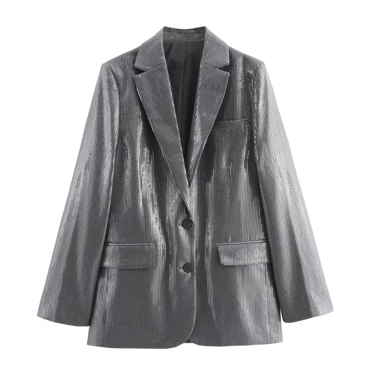 Silver Chrome Blazer and Wide-Leg Trousers for Winter