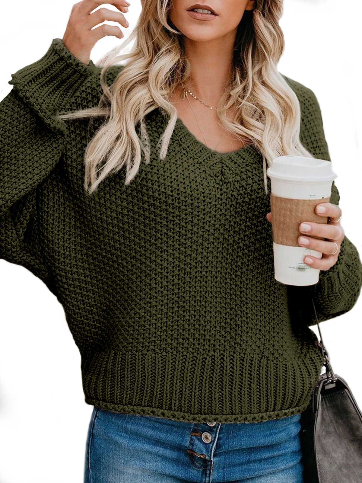 Damen Grobstrickpullover mit V-Ausschnitt und lässiger Passform Stilzeits