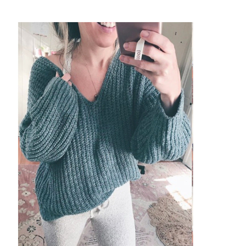 Damen Grobstrickpullover mit lässigem V-Ausschnitt und weiten Ärmeln Stilzeits