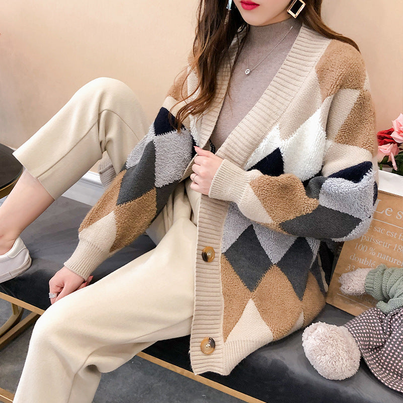 Damen lockerer Strickcardigan mit geometrischem Muster Stilzeits