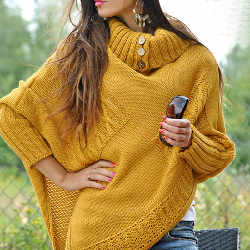 Damen Strickponcho mit hohem Kragen und Knopfdetails Stilzeits
