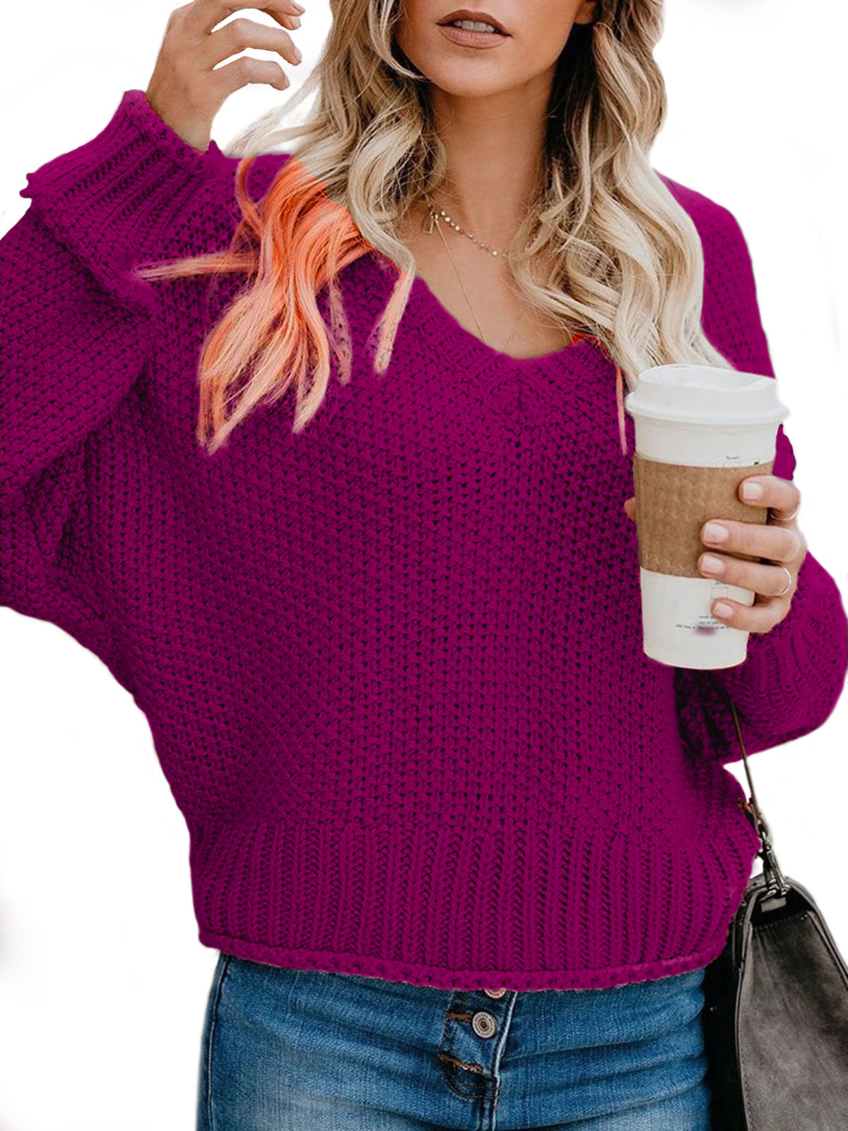 Damen Grobstrickpullover mit V-Ausschnitt und lässiger Passform Stilzeits