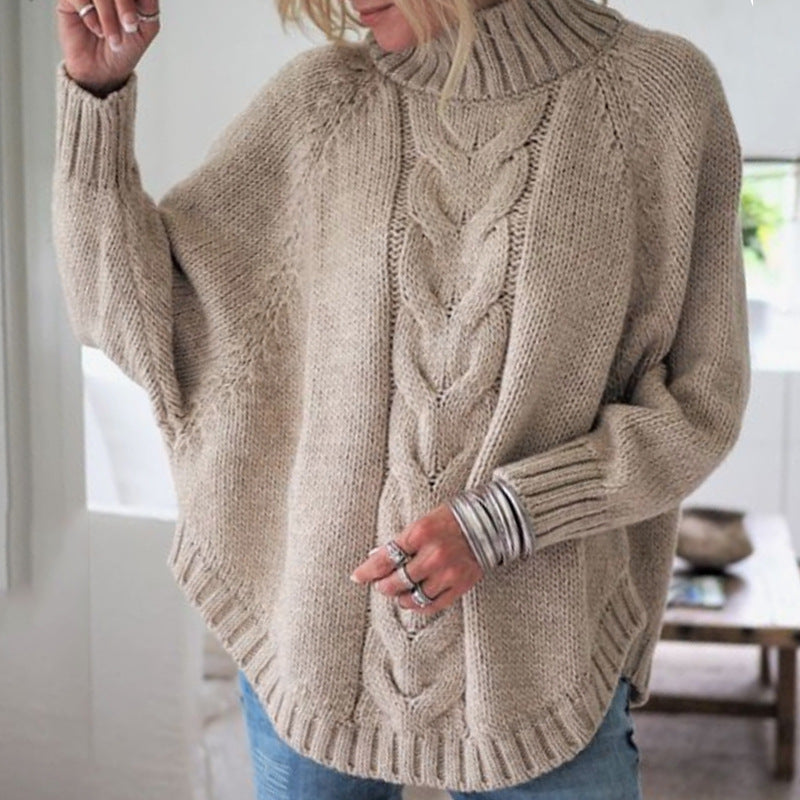 Damen Grobstrickpullover mit hohem Kragen und detailreicher Zopfmusterung Stilzeits