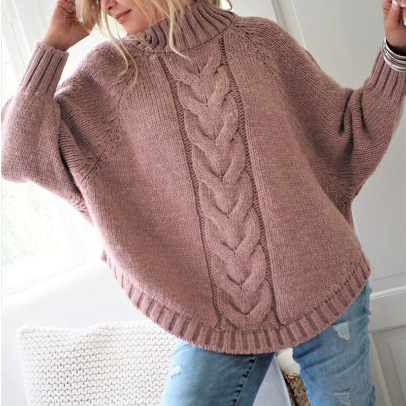 Damen Grobstrickpullover mit hohem Kragen und detailreicher Zopfmusterung Stilzeits