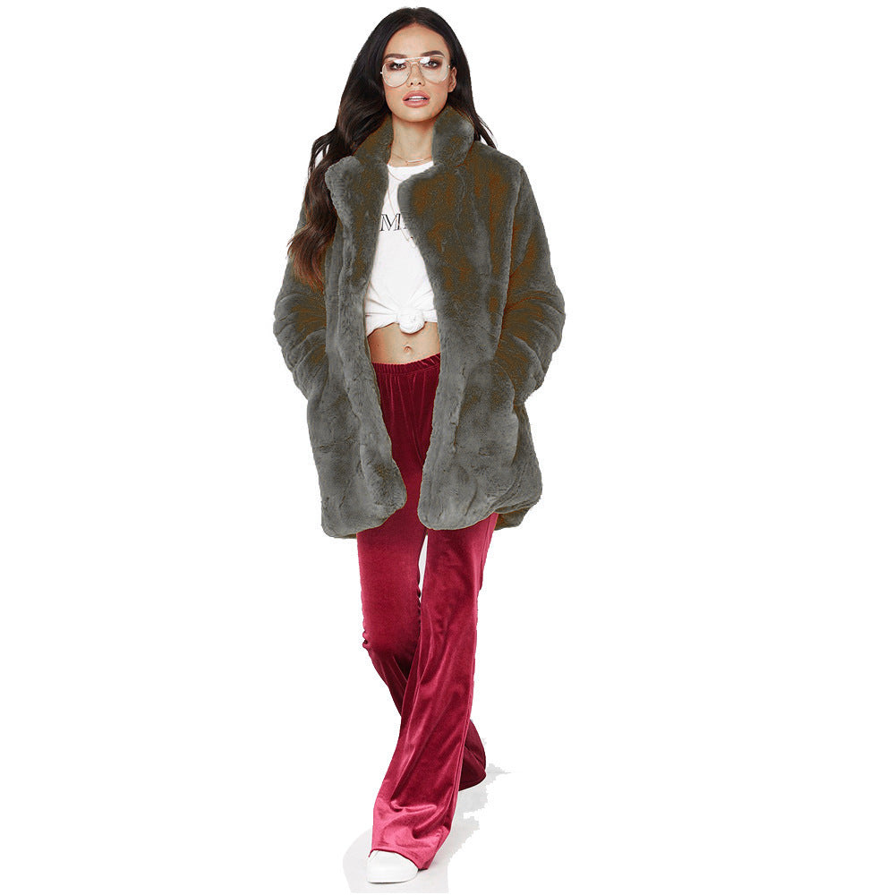 Damen Flauschige Langjacke aus Kunstpelz mit Kapuze Stilzeits