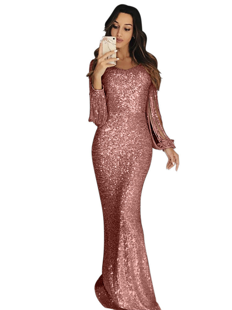 Damen elegantes Pailletten Abendkleid mit schmeichelndem Schnitt und langen Ärmeln Stilzeits