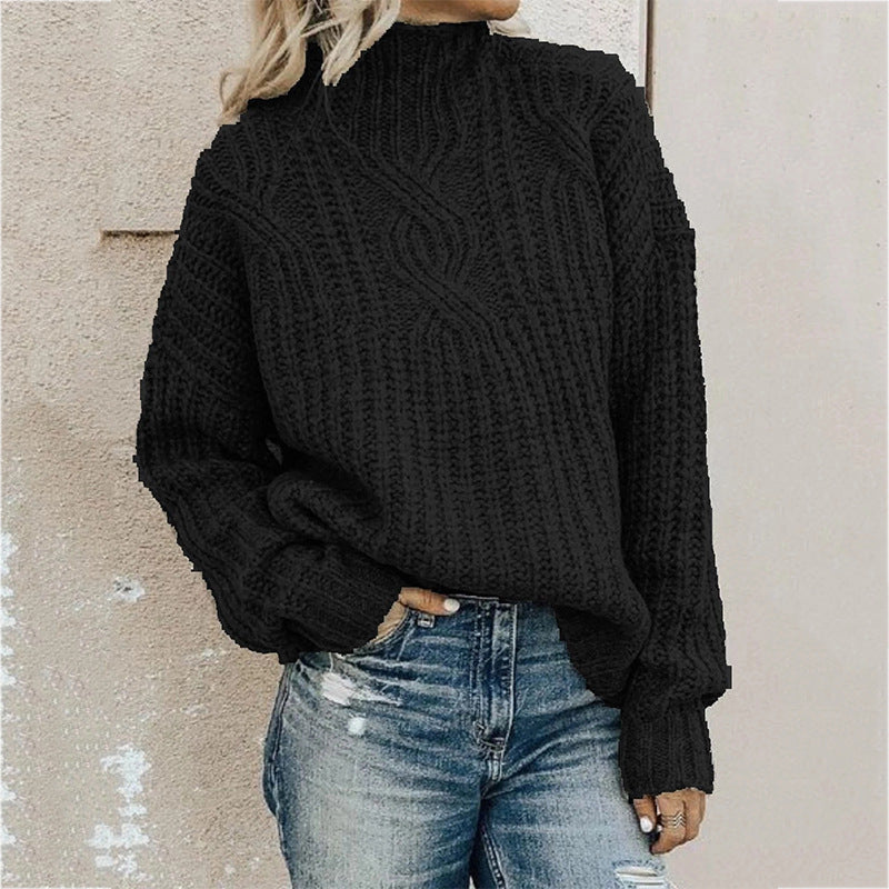 Damen Grober Strickpullover mit hohem Kragen und Zopfmuster Stilzeits