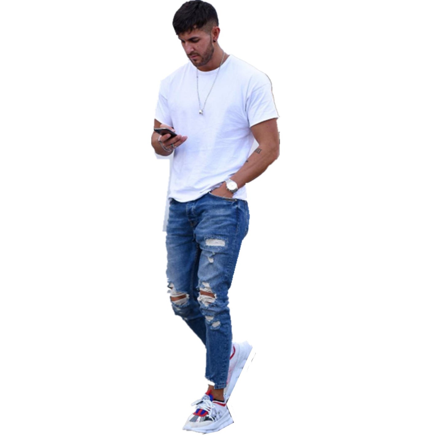 Herren modische Slim Fit Jeans mit angesagten Rissen und Verjüngung Stilzeits