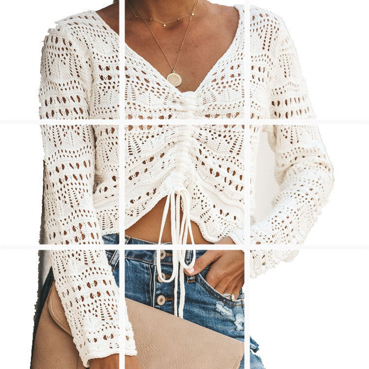 Damen luftige Strickjacke mit raffiniertem Lochmuster und Kordelzug Stilzeits