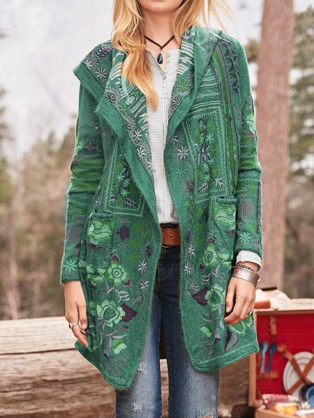 Damen kunstvoll bestickte Strickjacke mit Kapuze und Taschen Stilzeits