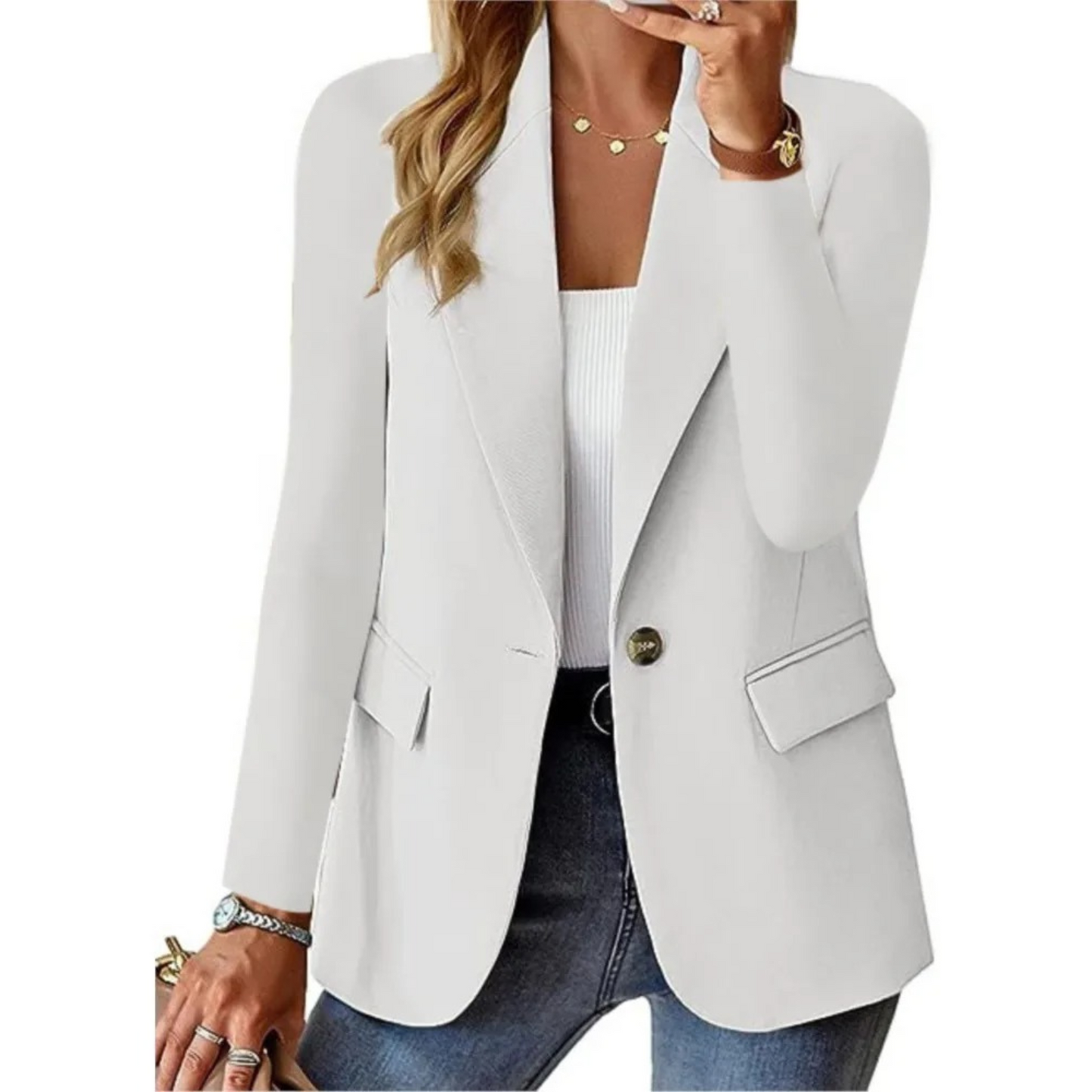 Stylish, sturdy women's blazer with long sleeves, slim pocket, and buckle | Valyria