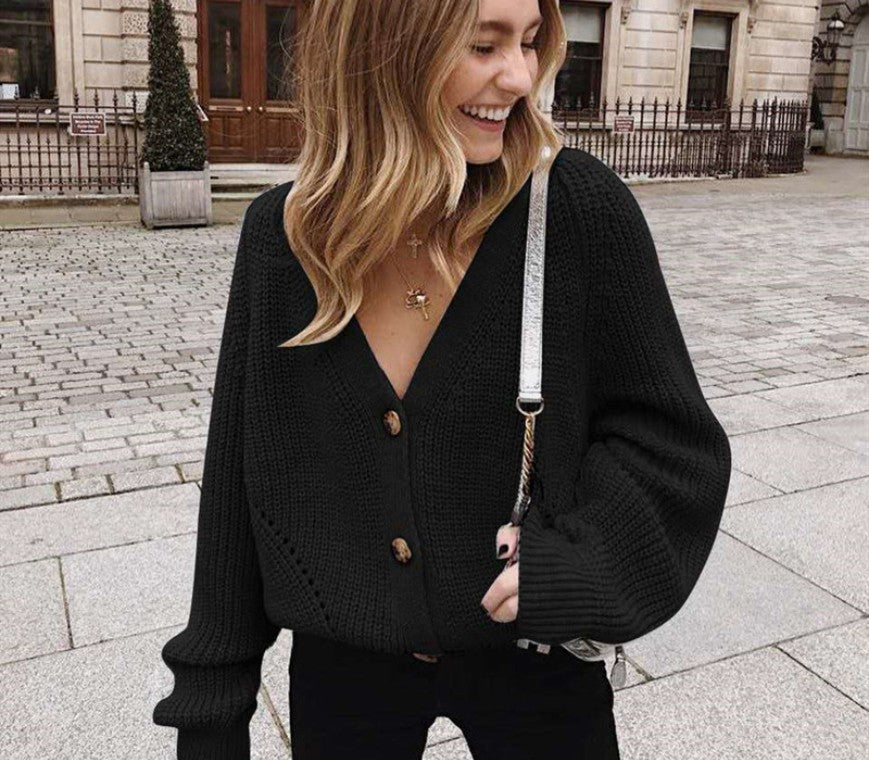 Damen Strickjacke mit tiefem V-Ausschnitt und Knöpfen Stilzeits