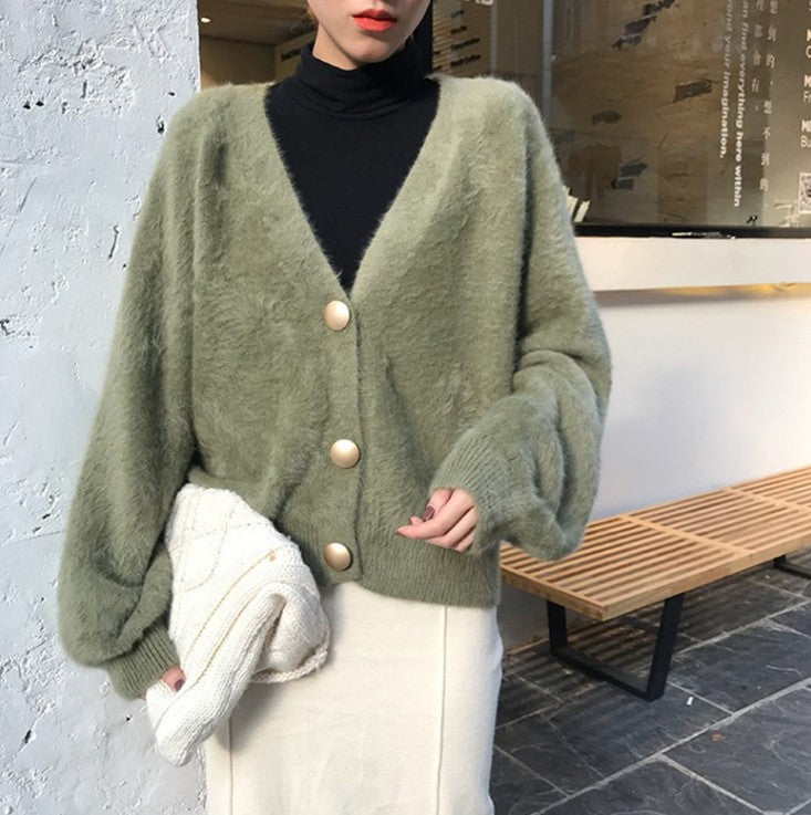 Damen Flauschige Strickjacke mit großen Knöpfen und voluminösen Ärmeln Stilzeits
