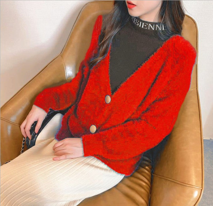 Damen Flauschige Strickjacke mit großen Knöpfen und voluminösen Ärmeln Stilzeits