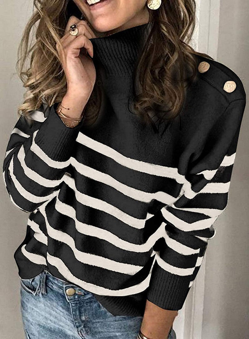 Damen Hochgeschlossen Pullover mit Streifenmuster und dekorativen Knöpfen Stilzeits