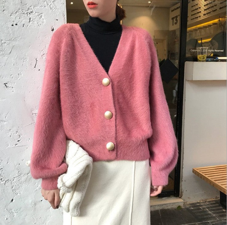 Damen Flauschige Strickjacke mit großen Knöpfen und voluminösen Ärmeln Stilzeits