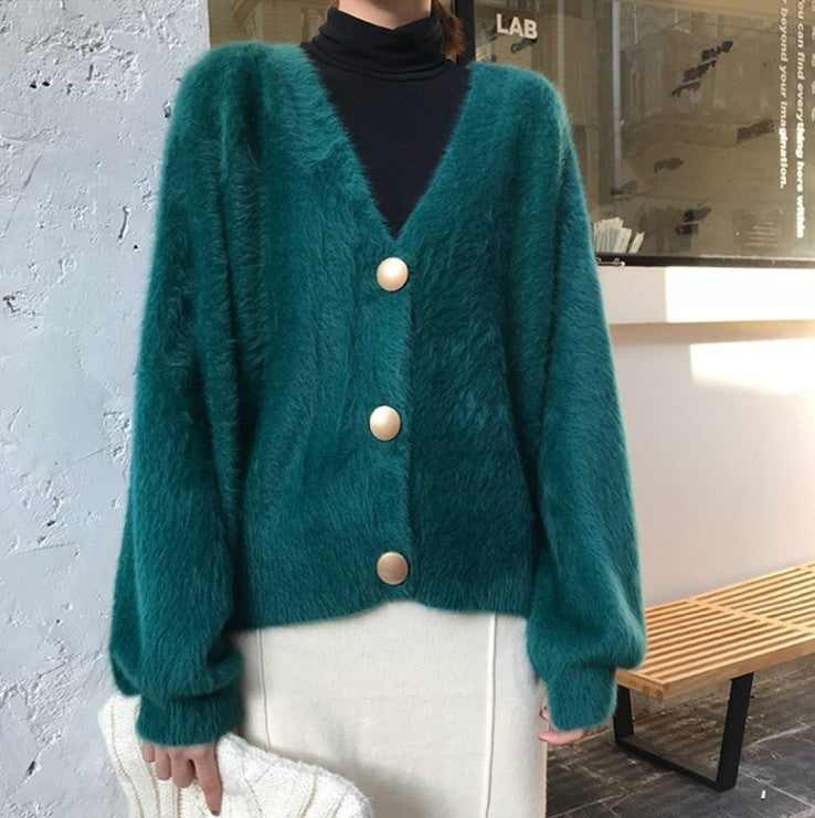 Damen Flauschige Strickjacke mit großen Knöpfen und voluminösen Ärmeln Stilzeits