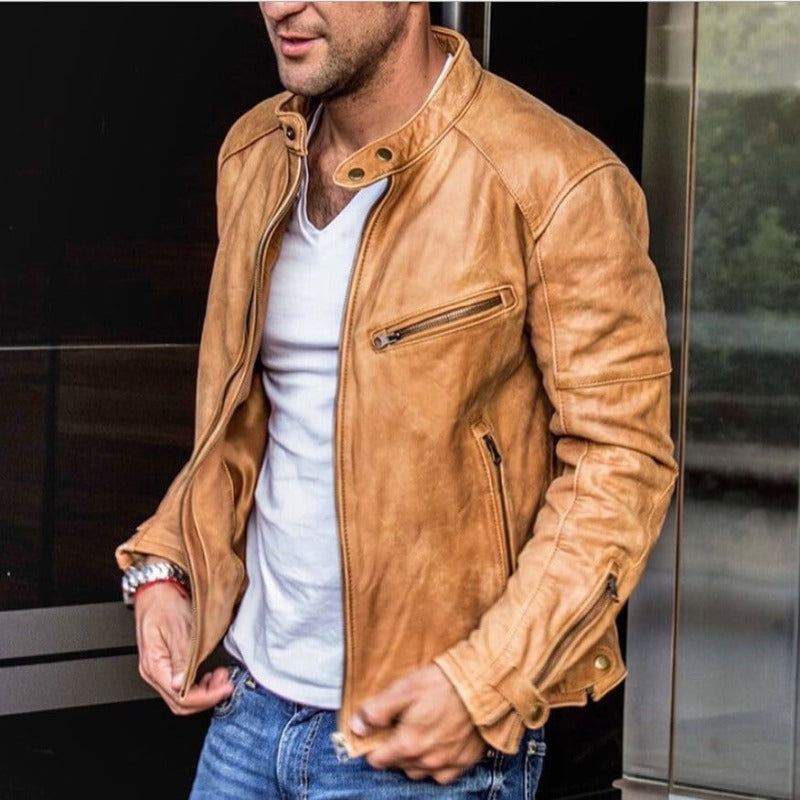Herren Distressed Leder-Motorradjacke – Reißverschlusstaschen & Stilvolles Design