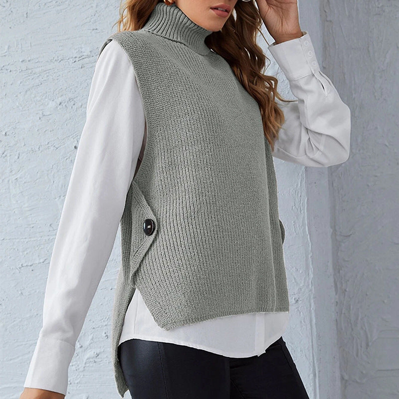 Damen ärmellose Strickjacke mit hohem Kragen und Knopfdetails Stilzeits