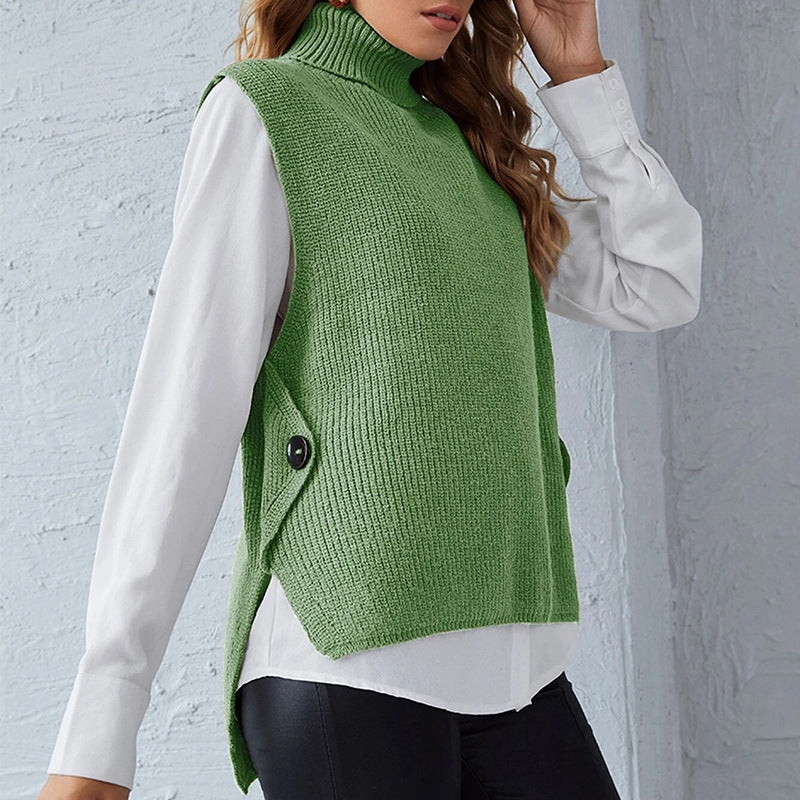 Damen ärmellose Strickjacke mit hohem Kragen und Knopfdetails Stilzeits