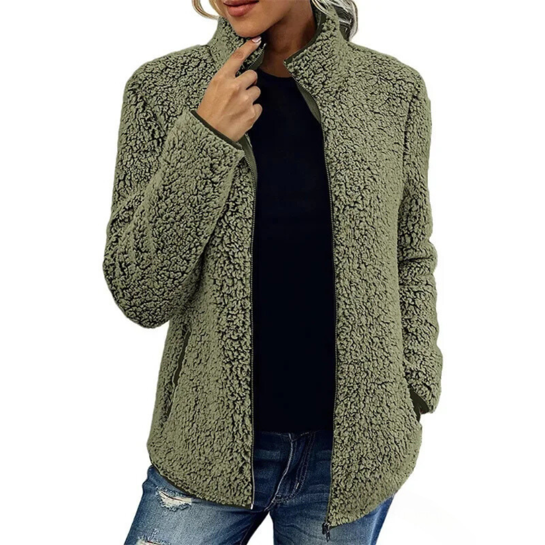 Stilzeits | Weiche Damen Teddyjacke Mit Hohem Kragen Und Reißverschluss