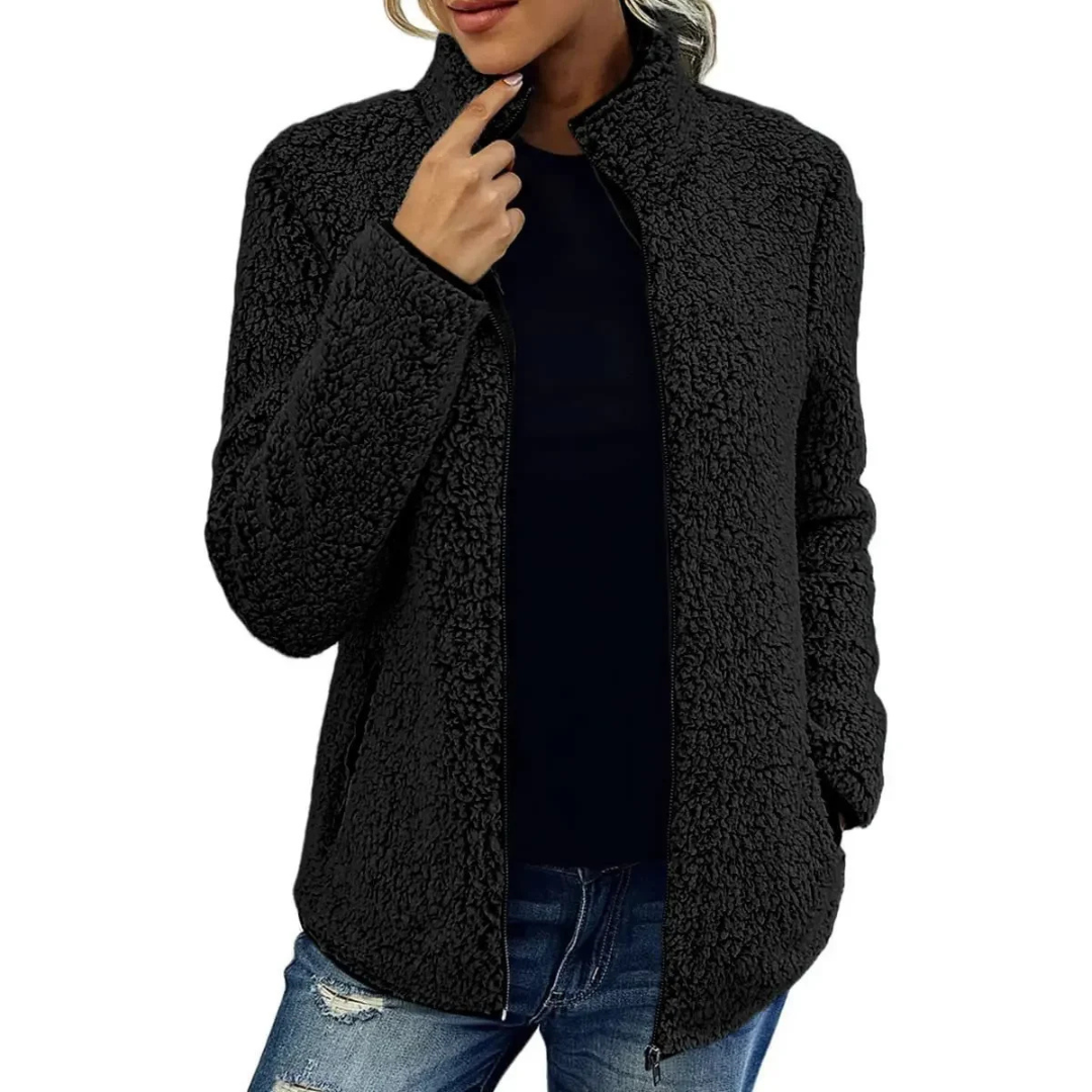 Stilzeits | Weiche Damen Teddyjacke Mit Hohem Kragen Und Reißverschluss